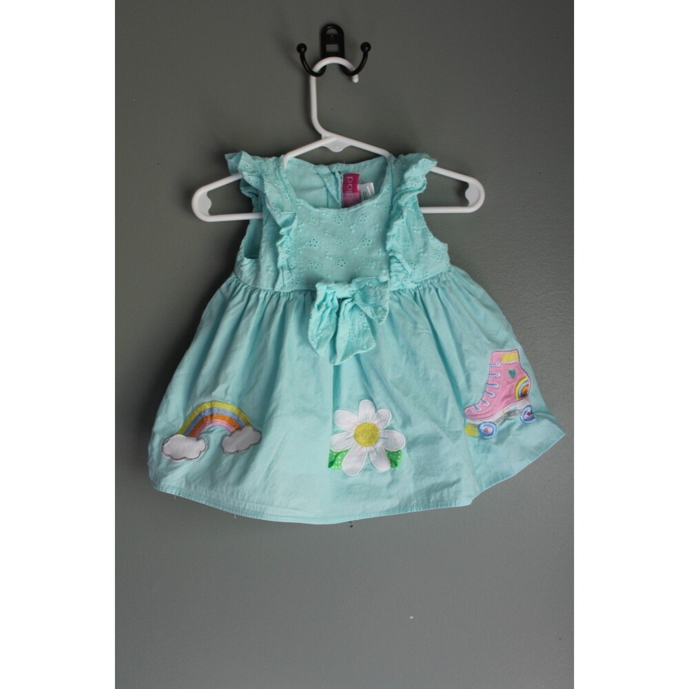 Good Lad Baby Girls 12M Blue Roller Skate Rainbow Embroidered Dress Cotton